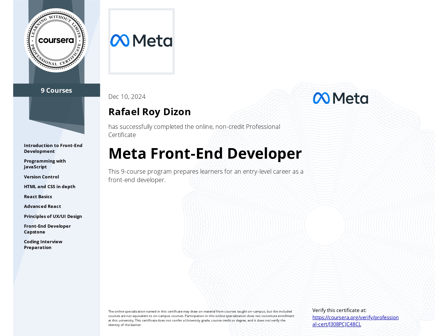 Meta frontend certificate